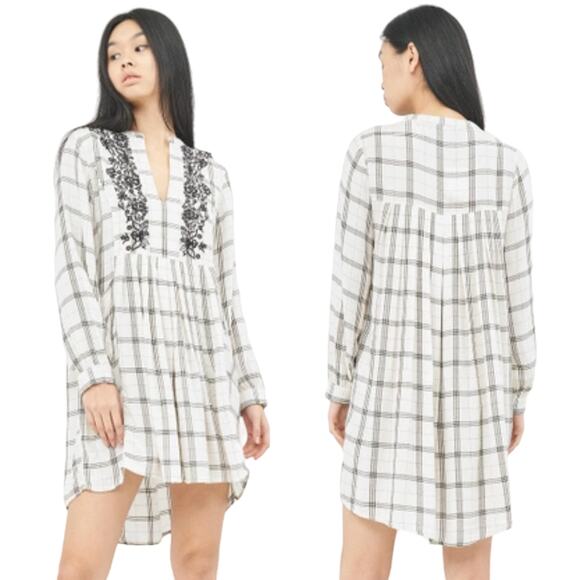 NWT Zara Off White Check Plaid Embroidered Dress Long Sleeve High Neck Pockets M - Picture 15 of 16